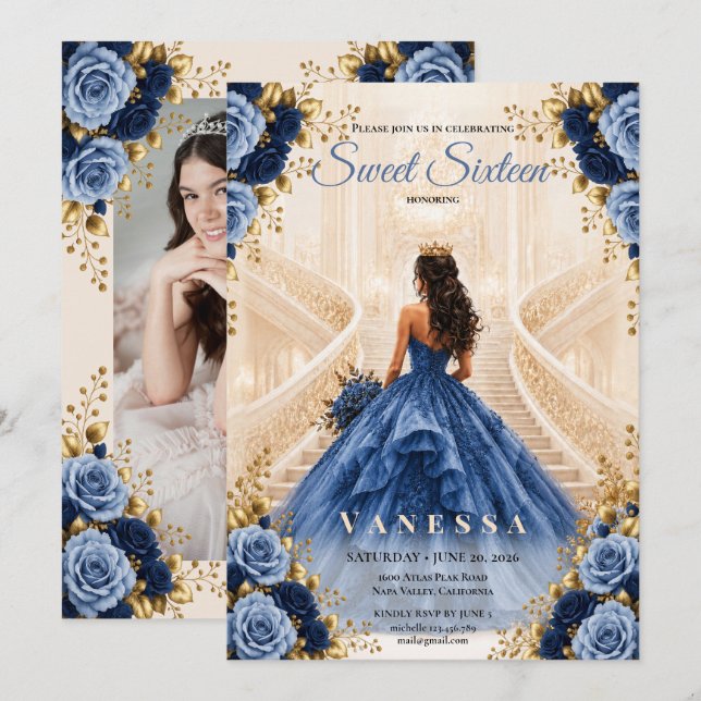 Invitación de Princesa Foto Azul Cumpleaños Dulce  (Anverso / Reverso)
