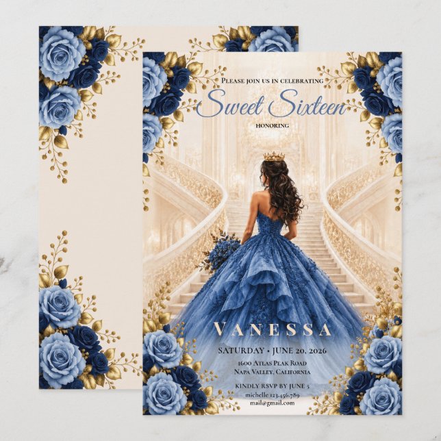 Invitación de Princesa Foto Azul Cumpleaños Dulce  (Anverso / Reverso)