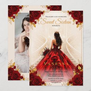 Invitación de Princesa Foto rojo dorado dulces 16