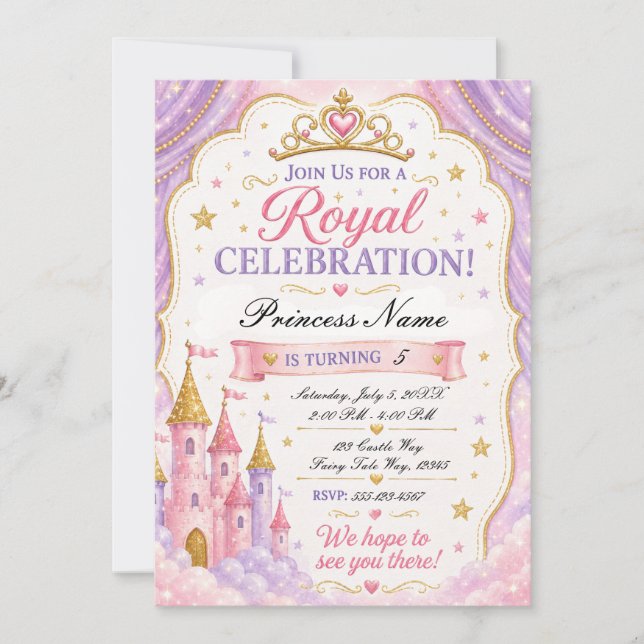 Invitación de Princesa Lavanda Rosa (Anverso)
