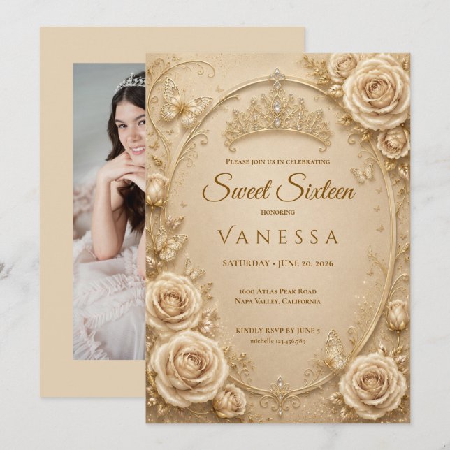 Invitación de princesa mariposas dulces 16 (Anverso / Reverso)