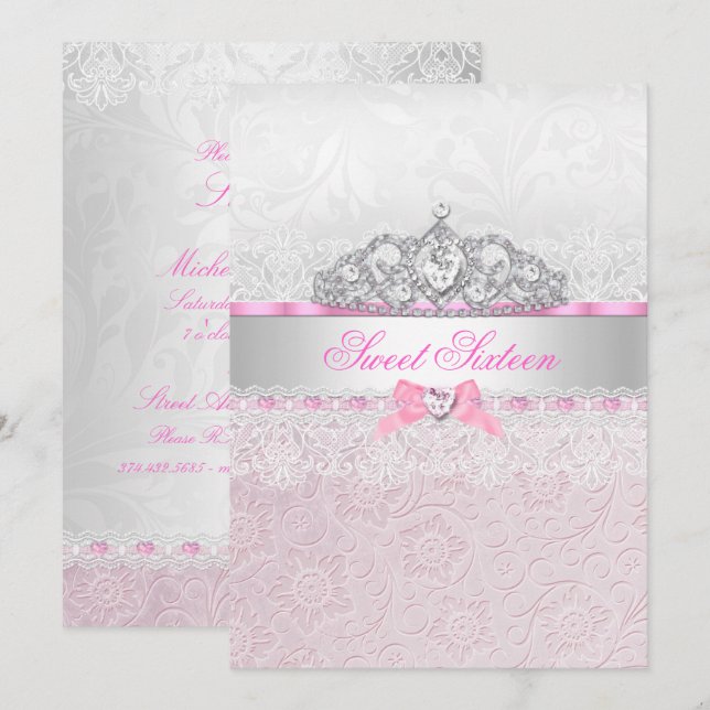 Invitación de Princesa Rosa Corona de Encaje Dulce (Anverso / Reverso)