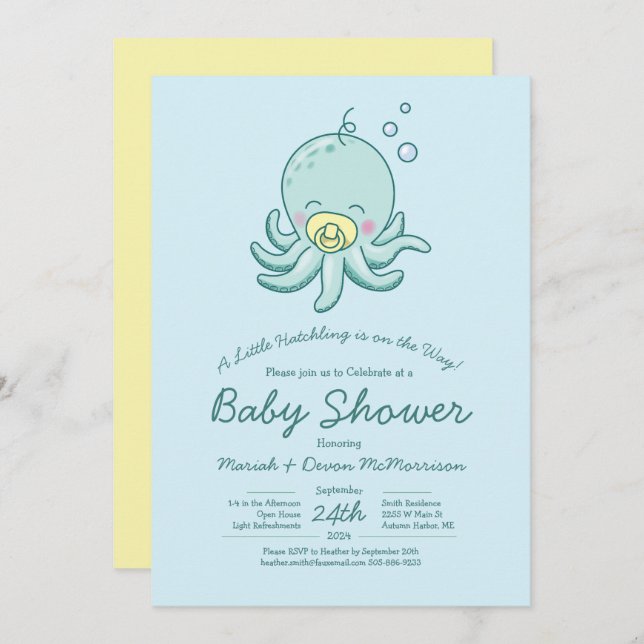 Invitación de pulpo ligero a Baby Shower Kawaii (Anverso / Reverso)