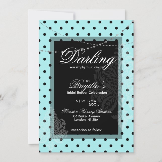 Invitación de puntos de polka azul y negro (Anverso)