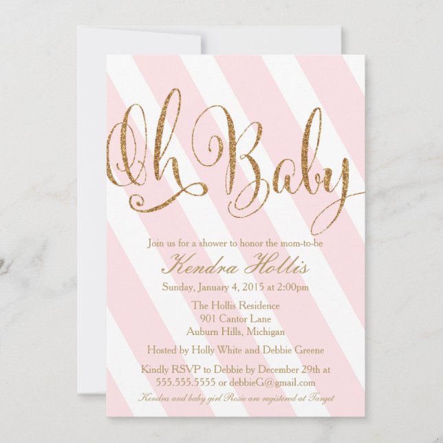 Invitación de purpurina Baby Shower - banda rosa (Anverso)