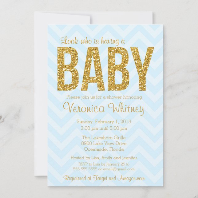 Invitación de purpurina Baby Shower, Chevron azul  (Anverso)