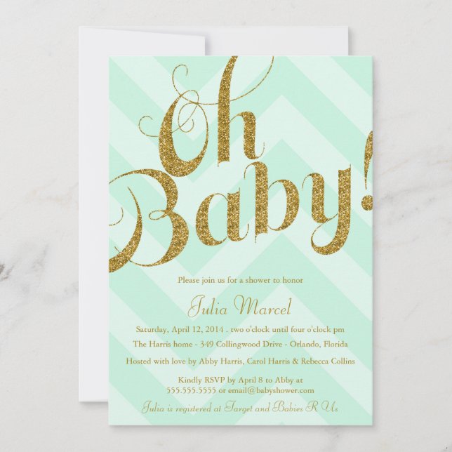 Invitación de Purpurina Baby Shower con Mint Chevr (Anverso)