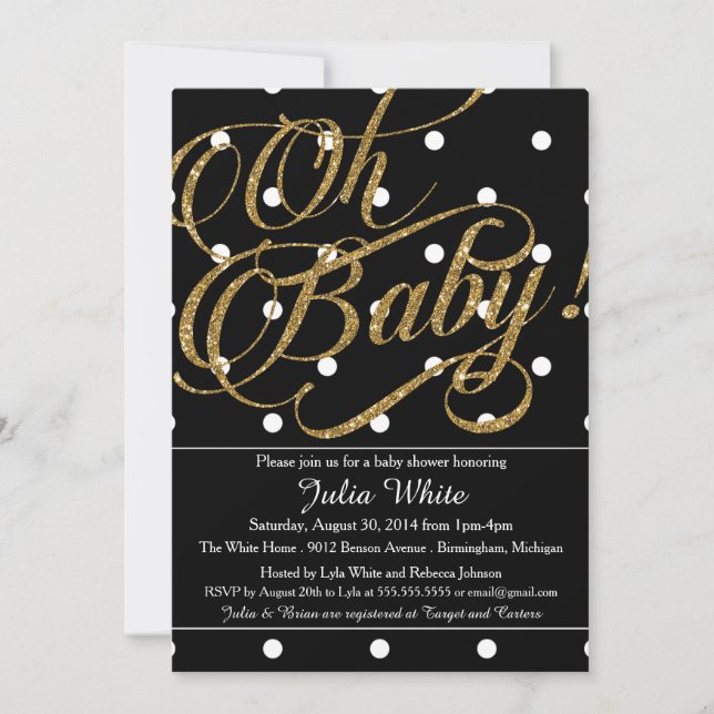 Invitación de purpurina Baby Shower, negro y blanc (Anverso)