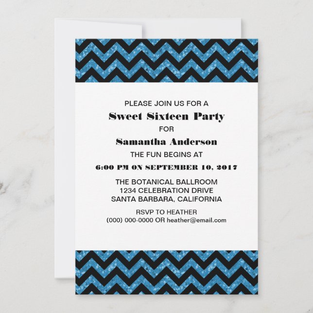 Invitación de Purpurina Blue Chevron 16 Fiesta (Anverso)
