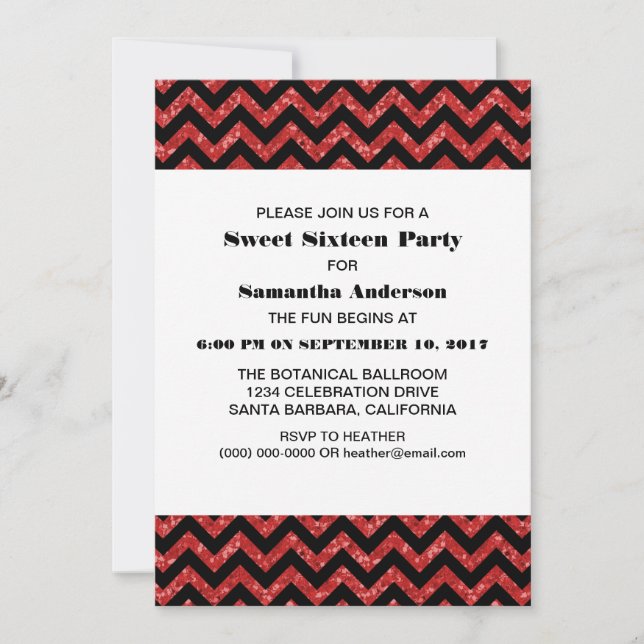 Invitación de Purpurina de Chevron Rojo Dulce 16 F (Anverso)