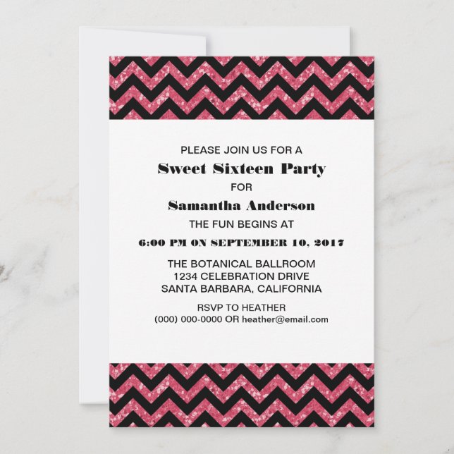 Invitación de Purpurina de Chevron Rosa Dulce 16 F (Anverso)