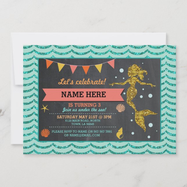 Invitación de Purpurina de Mermaid Gold Coral (Anverso)