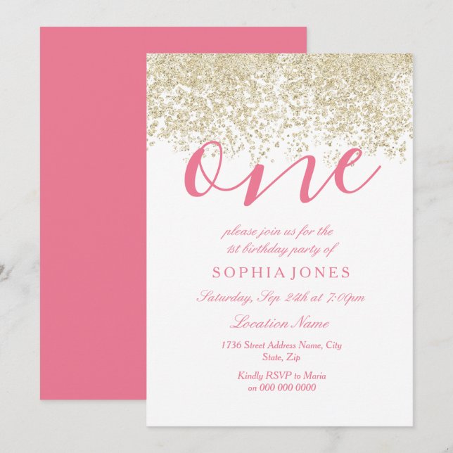 Invitación de Purpurina de oro blanco rosado prime (Anverso / Reverso)