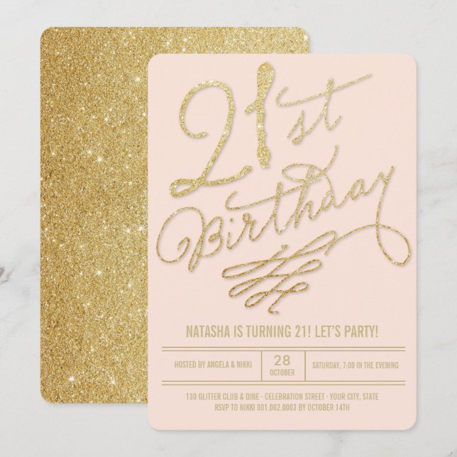 Invitación de Purpurina de oro Glam Rubor 21st Bir (Anverso / Reverso)