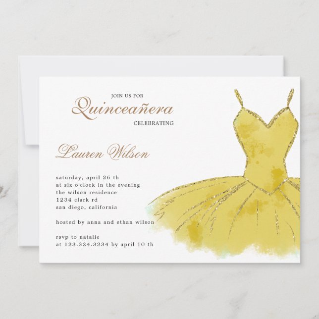 Invitación de Purpurina de oro Gown Quinceanera (Anverso)
