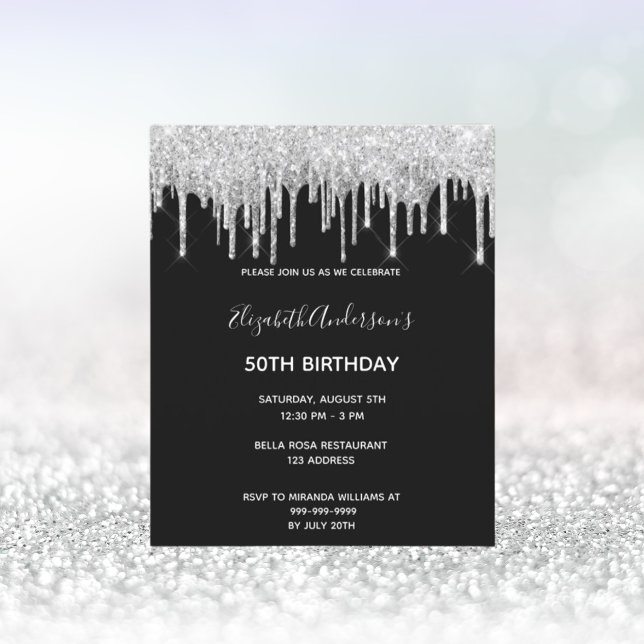 Invitación de purpurina de plata negra de cumpleañ (Subido por el creador)