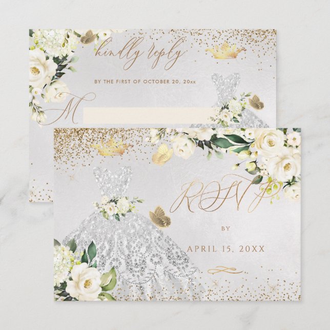 Invitación de Purpurina de Plata Quinceanera RSVP (Anverso / Reverso)