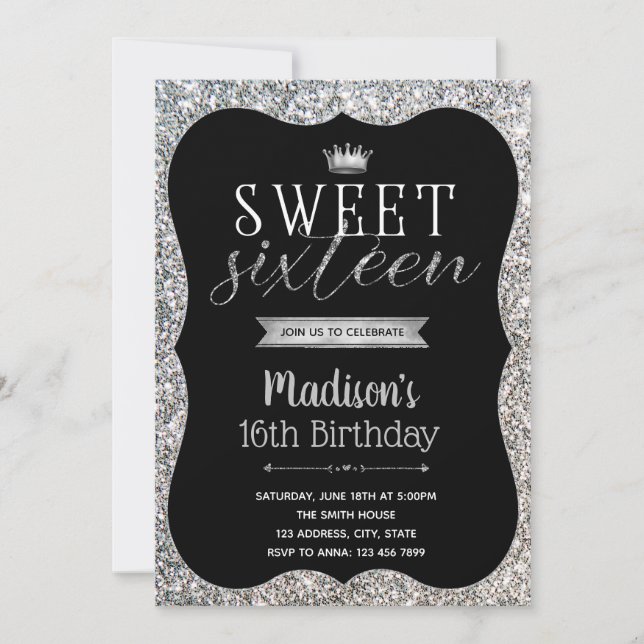 Invitación de Purpurina de plata Sweet 16 party (Anverso)