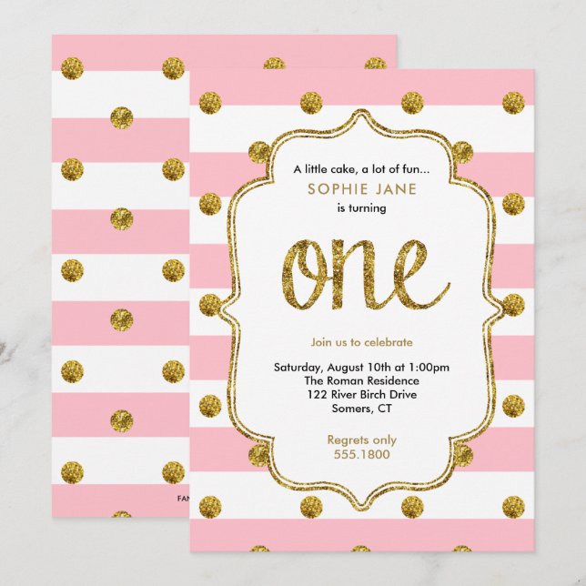 Invitación de Purpurina de primer cumpleaños rosad (Anverso / Reverso)