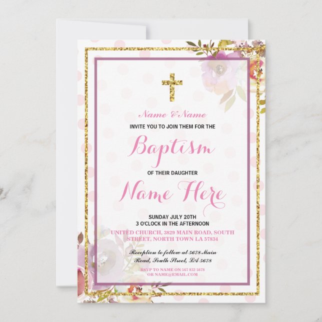 Invitación de Purpurina floral de Baptismo Chica r (Anverso)