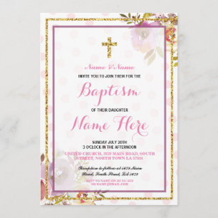 Invitación de Purpurina floral de Baptismo Chica r