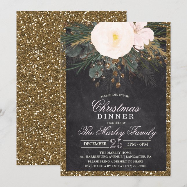 Invitación de Purpurina floral de Navidades de vac (Anverso / Reverso)