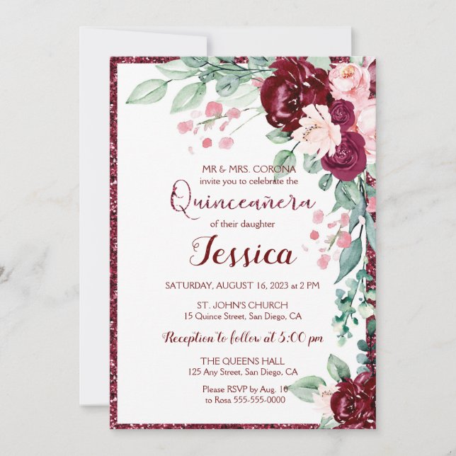Invitación de Purpurina floral rojo quinceanera bo (Anverso)