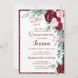 Invitación de Purpurina floral rojo quinceanera bo
