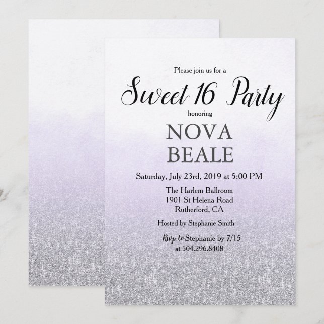 Invitación de purpurina lavanda para fiesta de Swe (Anverso / Reverso)