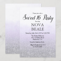 Invitación de purpurina lavanda para fiesta de Swe