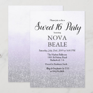 Invitación de purpurina lavanda para fiesta de Swe