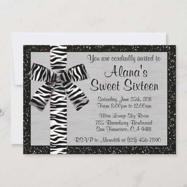 Invitación de Purpurina metálico plateado con cebr (Anverso)