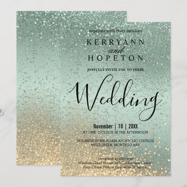 Invitación de Purpurina Mint Green y Gold (Anverso / Reverso)