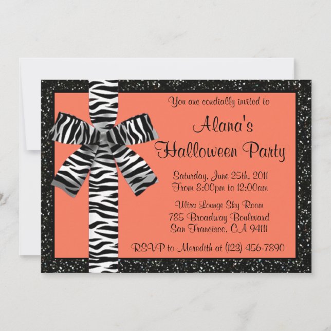 Invitación de Purpurina Naranja Halloween con cebr (Anverso)