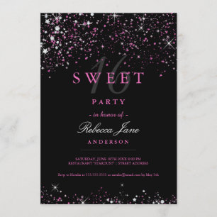 Invitación de purpurina negra Sweet 16
