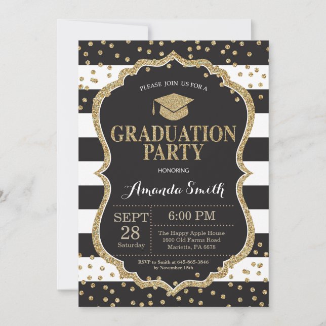 Invitación de Purpurina negro y dorado a la fiesta (Anverso)