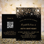 Invitación de QR RSVP, purpurina de oro negro de c<br><div class="desc">Una invitación moderna, elegante y glamurosa para una fiesta de cumpleaños número 40 (o cualquier edad). Un fondo negro decorado con un falso purpurina y un brillo. El nombre está escrito con un guión moderno de estilo con letras a mano de colores dorados. Personalice y agregue los detalles de su...</div>