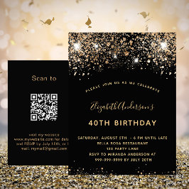 Invitación de QR RSVP, purpurina de oro negro de c
