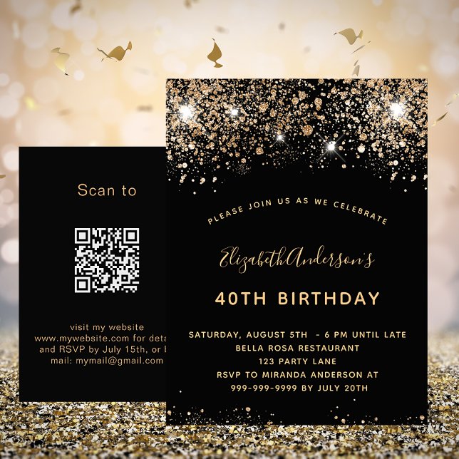 Invitación de QR RSVP, purpurina de oro negro de c (Subido por el creador)