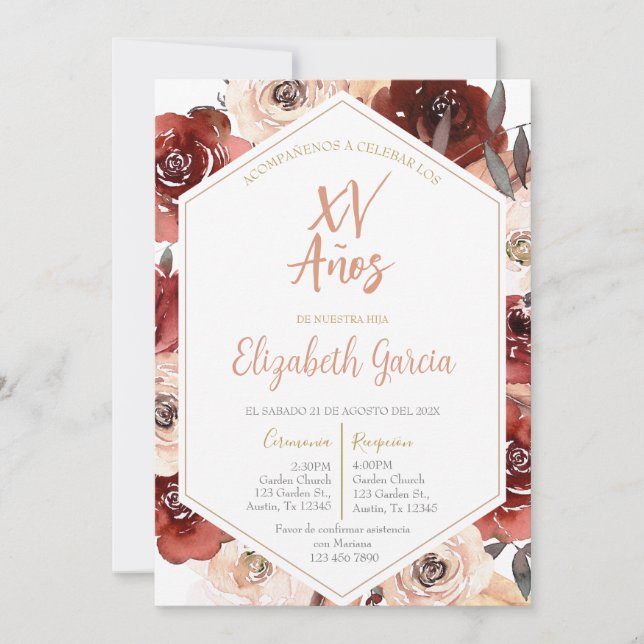 Invitación de quiceañera floral rosa en español (Anverso)