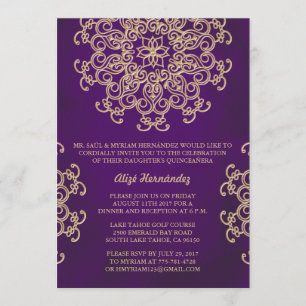 INVITACIÓN DE QUINCE DE ESTILO INDIO PURPLE Y ORO