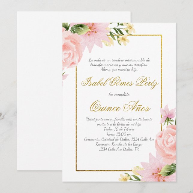 Invitación de Quince de flor rosa en español (Anverso / Reverso)