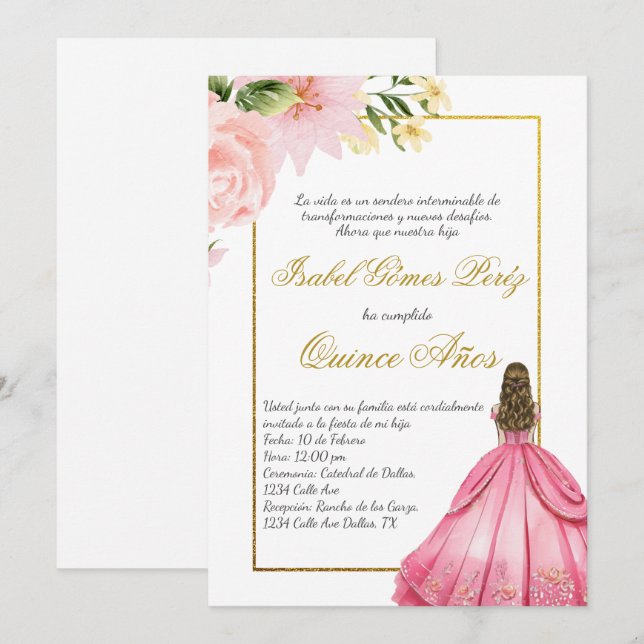 Invitación de Quince de flor rosa en español (Anverso / Reverso)