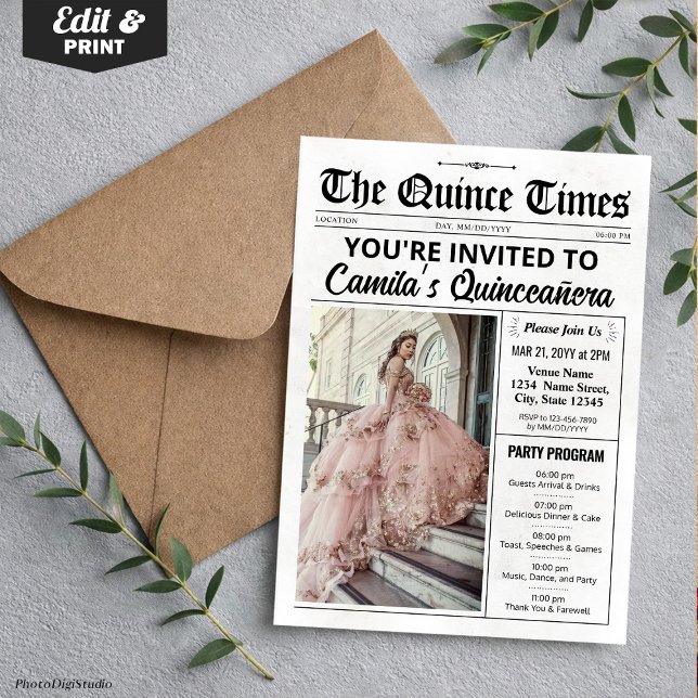 Invitación de Quince, Periódico con Programa, Quin (Quince Invite, Newspaper with Program, Quinceañera Invitation)