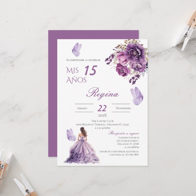 Invitación de Quinceañera a las flores moradas (Anverso/Reverso In Situ)