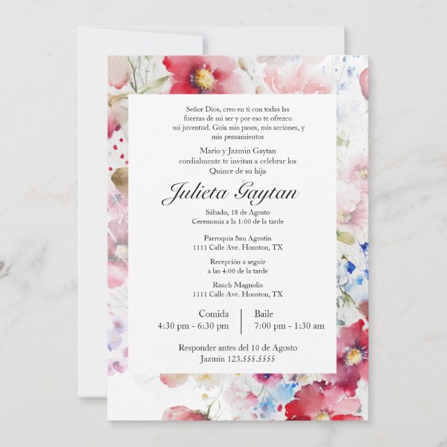 Invitación de quinceañera acuarela (Anverso)