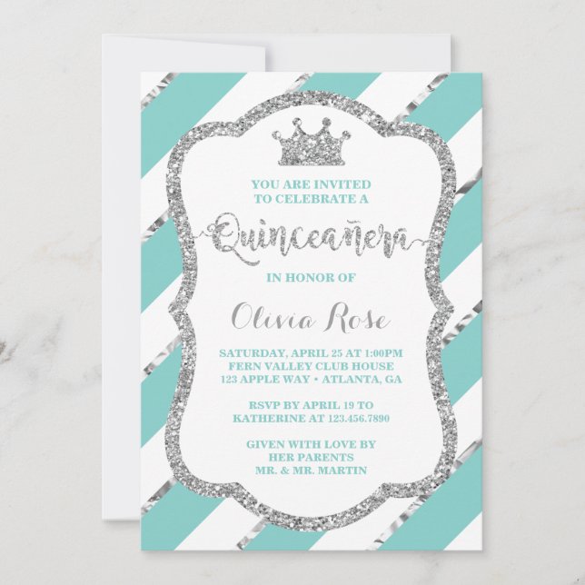Invitación de Quinceañera, Aqua, Plata, Corona (Anverso)