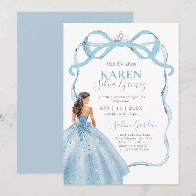 Invitación de quinceañera azul bebé (Anverso / Reverso)