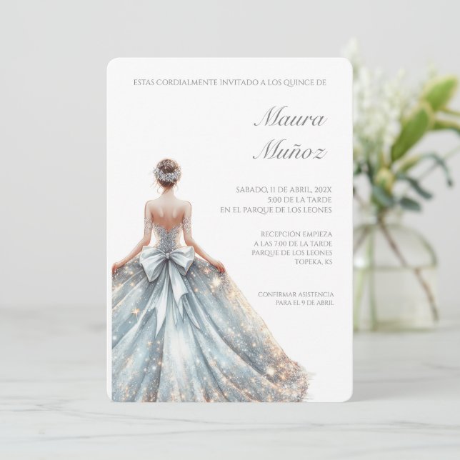 Invitación de quinceañera azul claro (Anverso de pie)