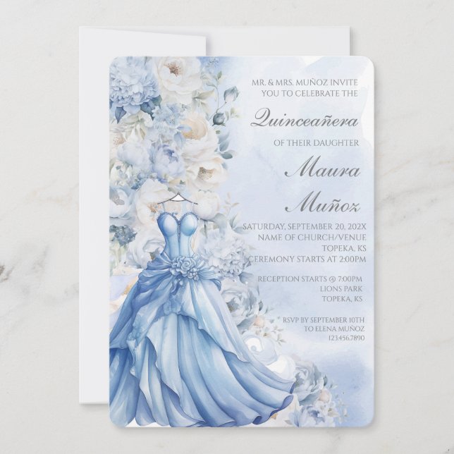 Invitación de quinceañera azul claro (Anverso)